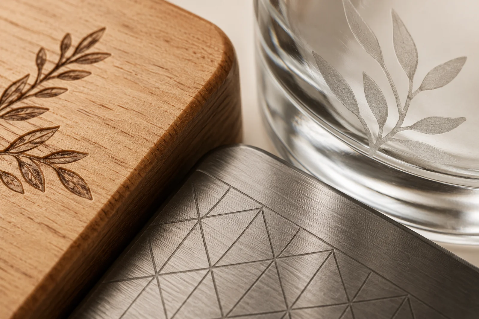 Supports d'impression sur mesure : verre, métal, bois et cuir personnalisés côte à côte