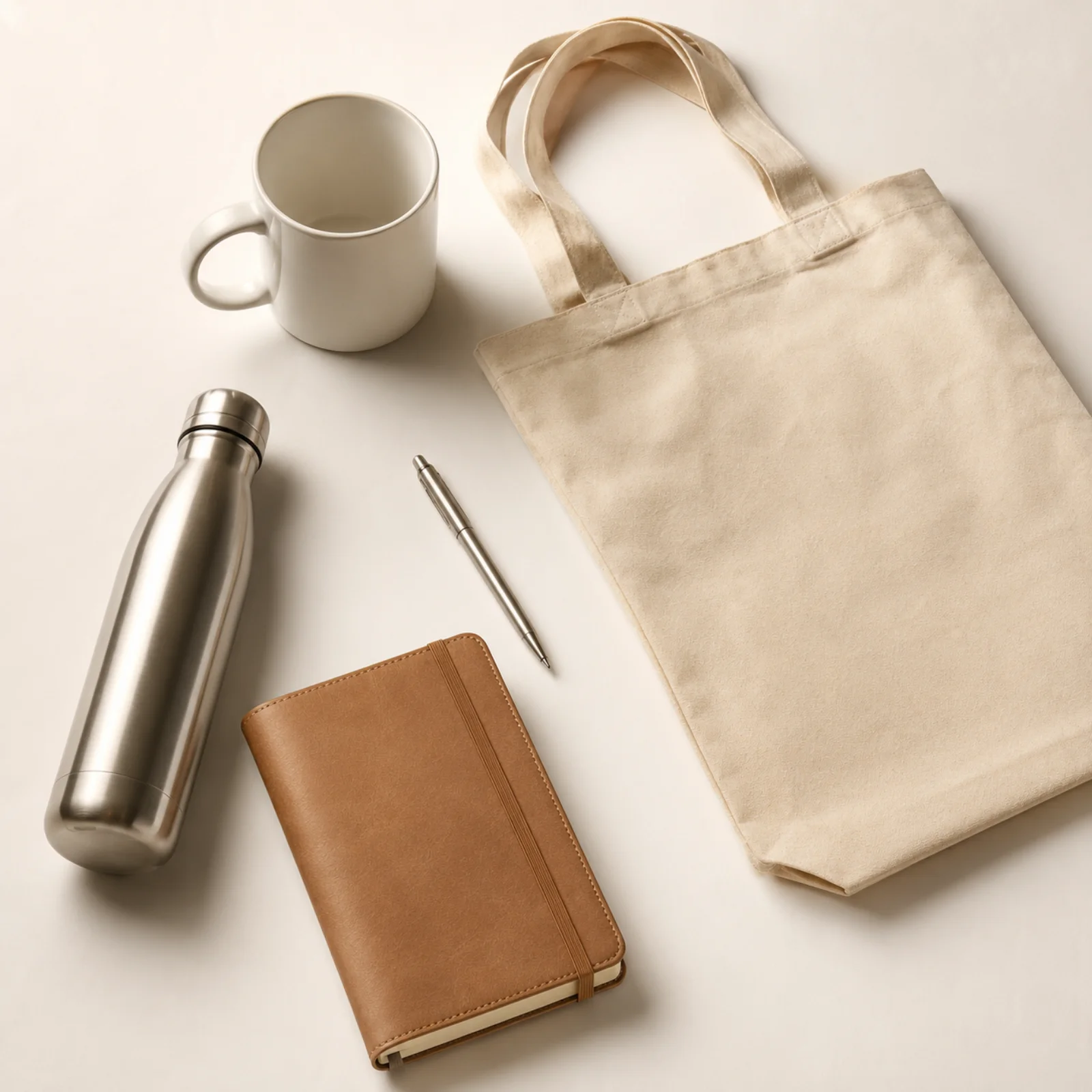 Assortiment d'objets publicitaires personnalisés : stylos, mugs, tote bags et textile marqués au logo